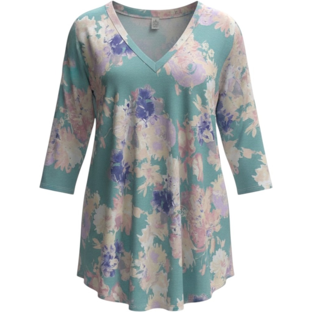 Dear Scarlett Floral V-Neck Tunic Top Teal Purple 3/4 Sleeve Plus 3X LIZZY-15